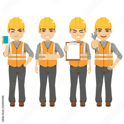 Young male builder constructor worker with safety helmet and orange vest holding different tools smartphone and document