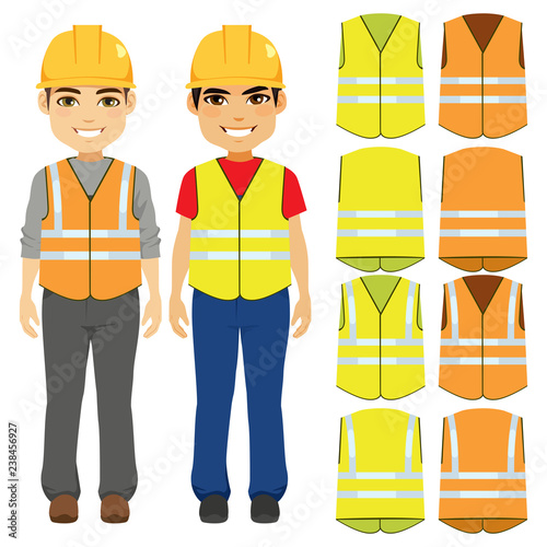Male builder contractor uniform with safety helmet and orange or yellow vests