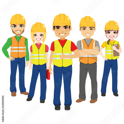 Builder male and female team contractor workers