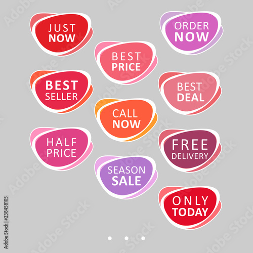 Set of abstract rounded colorful sale stickers. Multicolor retro design on white background. Elements for web page ad, tickets, discount offer price labels, badges, coupons, flyers etc. In EPS