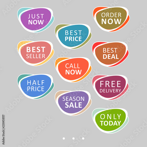 Set of abstract colorful sale stickers. Multicolor retro design on white background. Elements for web page ad, tickets, discount offer price labels, badges, coupons, flyers etc. In EPS