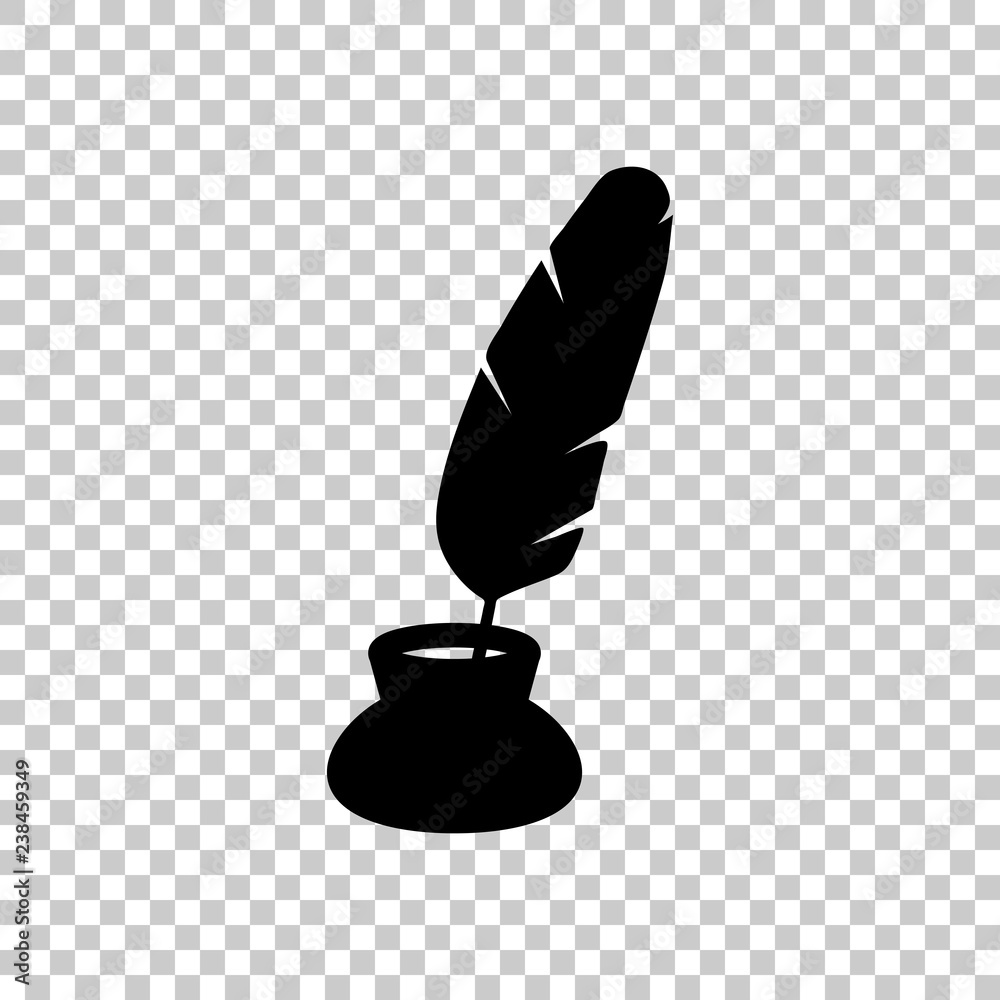 Ink and feather, sign of author. Simple icon. Black symbol on tr