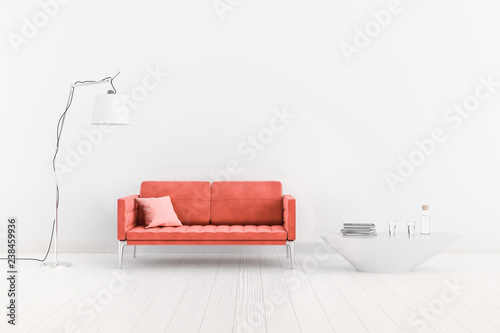 Fototapeta Naklejka Na Ścianę i Meble -  Living coral. The color of the year 2019. The interior room with a ultra violet sofa, a large lamp and a table. 3d illustration.