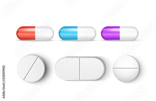 Pills medicine capsule vector icon isolated set. Pharmacy pill treatment painkiller or vitamin medicine