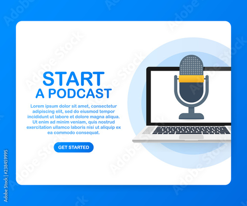 Flat concept of podcasting vector, Internet digital recording, online broadcasting illustrated banner. Vector illustration
