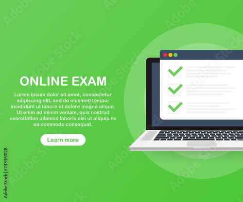 Online exam computer web app. Isometric laptop with paper document printing from screen and phone. Online test or opinion checklist. Vector stock illustration.