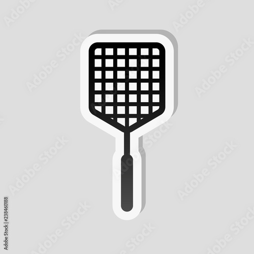 Fly swatter icon. Sticker style with white border and simple sha