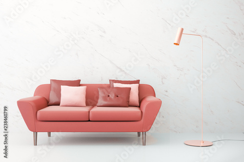Living coral. The color of the year 2019. The interior room with  sofa and gold lamp at marble wall. 3d illustration.