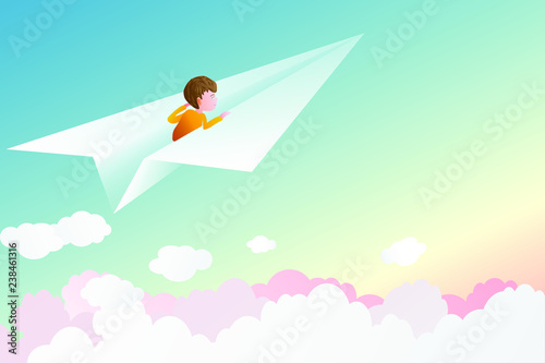 child flying on paper plane vector illustration