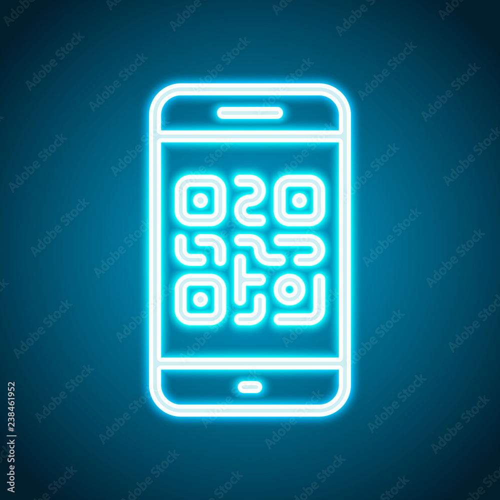 QR code. Scanning with cell phone. Technology outline icon. Neon QR code. Scanning with cell phone. Technology outline icon. Neon