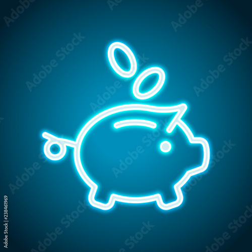 Piggy bank, dollar coins. Business icon. Neon style. Light decor