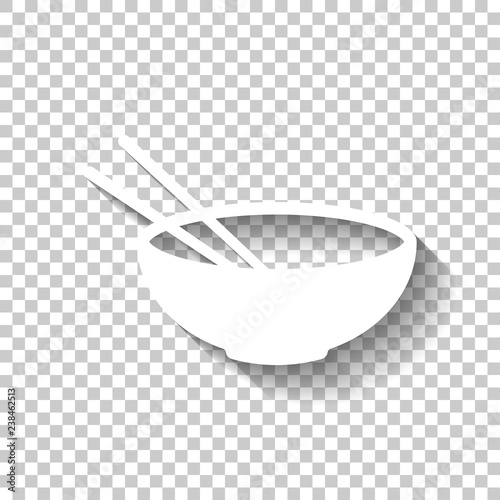 Bowl and couple of chopsticks. Asian icon. White icon with shadow on transparent background
