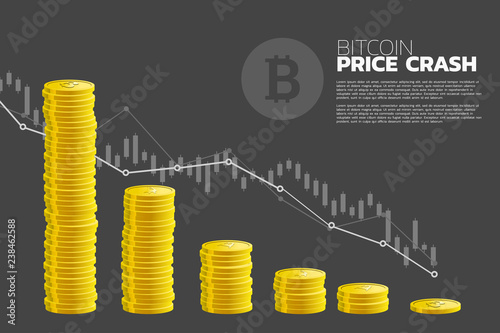 Bit coin price down graph with stack of golden coin. concept of falling down of cryptocurrency market