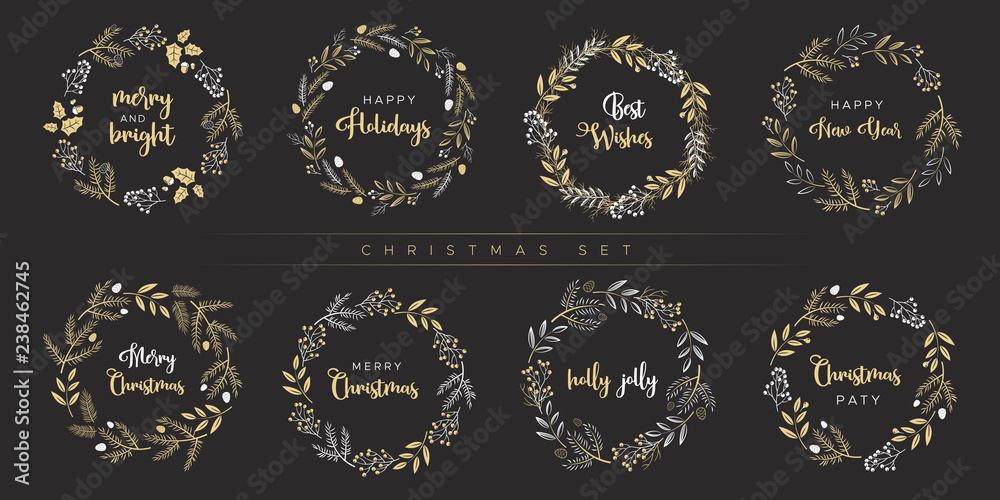 Set of Christmas wreaths. Unique design for greeting cards