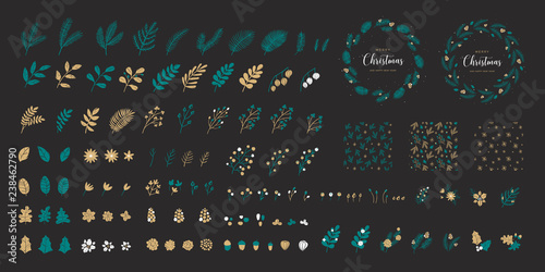 Set of Christmas elements for typographic design. Seamless patterns, leaves, branches, berries, pine cones and and templates of round wreaths