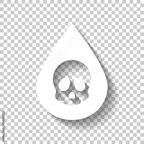 Drop of poison or acid with skull symbol. Icon of danger. White icon with shadow on transparent background