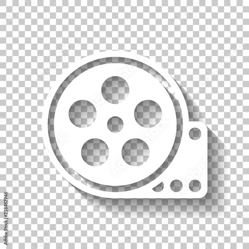 Film roll, old movie strip icon, cinema logo. White icon with shadow on transparent background