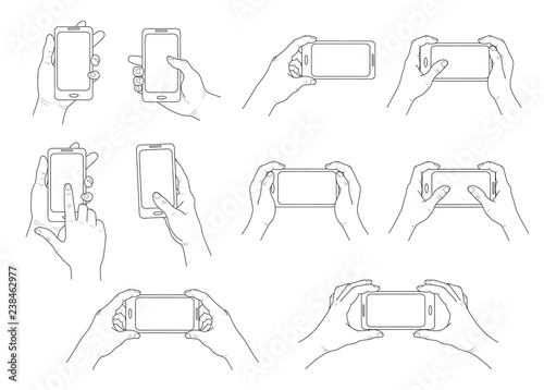 Phone in hand. Set of different gestures. Isolated  contour. Vector