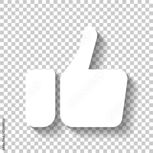 Hand with thumb up, like icon. White icon with shadow on transparent background