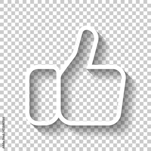 Hand with thumb up, like. Linear outline icon. White icon with shadow on transparent background