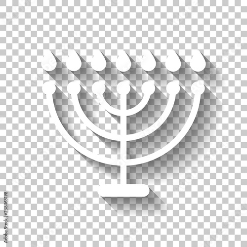 Hanukkah icon or menorah lamp. Outline Jewish Candles. White icon with shadow on transparent background