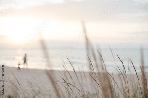 Fototapeta Naklejka Na Ścianę i Meble -  Background of walking adult and child silhouettes on a sandy beach in pastel shades.