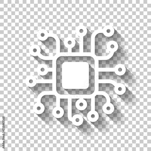 Processor chip, computer microchip, cpu chipset. Technology icon. White icon with shadow on transparent background