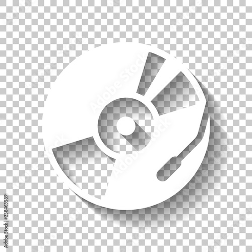 Vintage vinyl, audio disc, dj player. Simple icon, music logo. White icon with shadow on transparent background