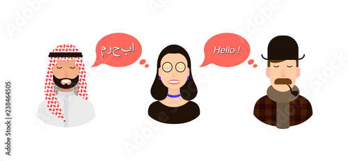 International communication translation concept illustration. tourists or businessmen or politicians from arab speaking country and England communicate through a girl translator.