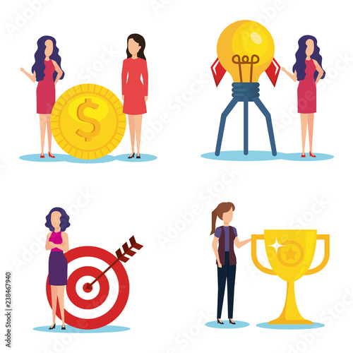 group of businesswomen with business icons