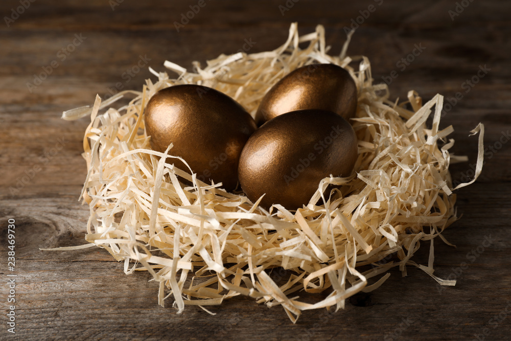 Nest with golden eggs on wooden background. Pension concept Nest with golden eggs on wooden background. Pension concept