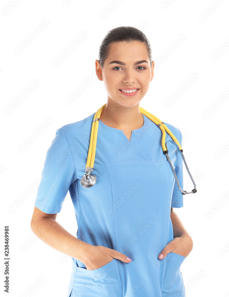 Portrait of young medical assistant with stethoscope on white background Portrait of young medical assistant with stethoscope on white background