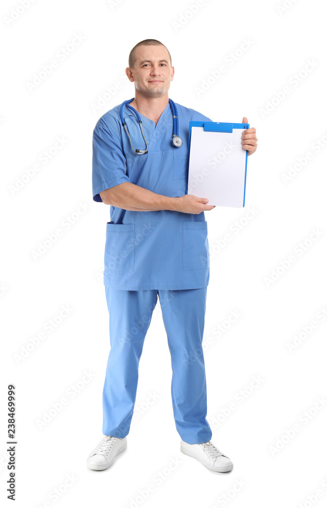 Full length portrait of medical assistant with stethoscope and clipboard on white background. Space for text Full length portrait of medical assistant with stethoscope and clipboard on white background. Space for text