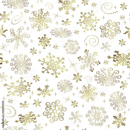 Abstract Christmas seamless pattern with golden snowflakes