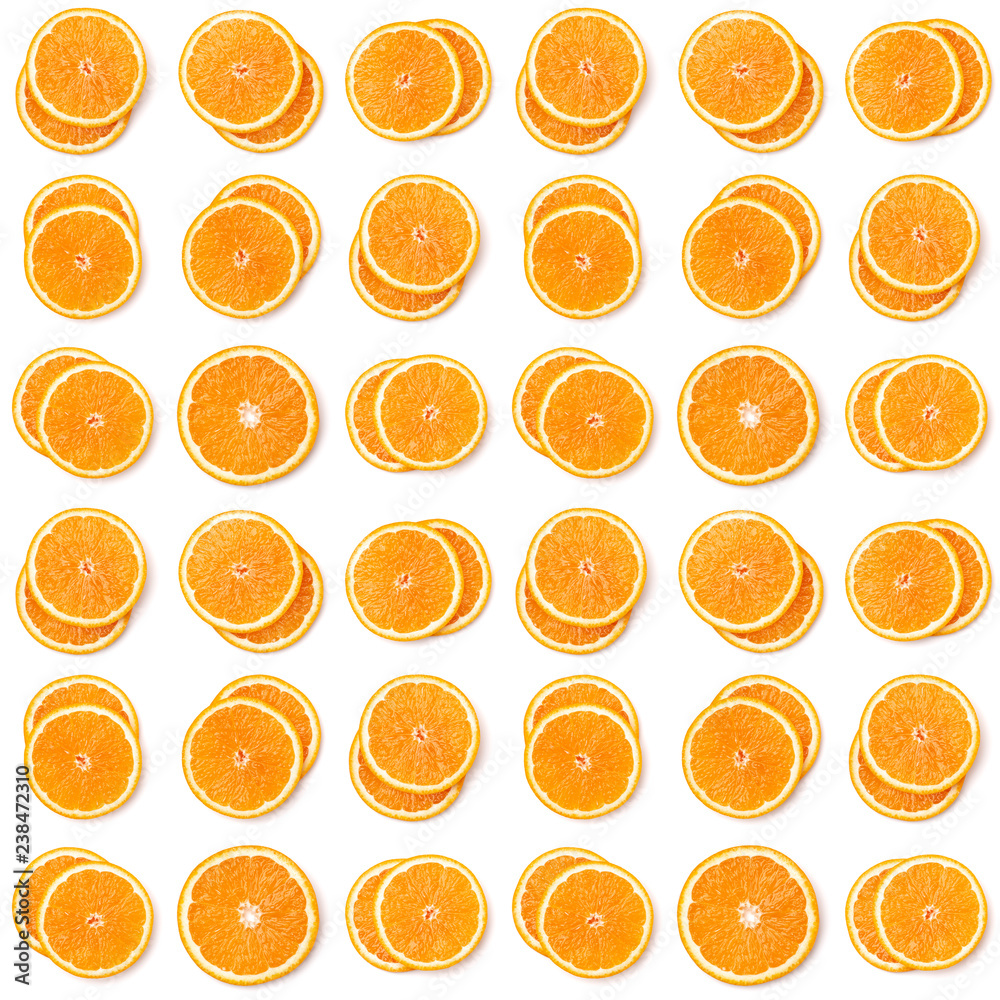 Seamless pattern of orange fruit slices. Orange slices isolated on white background. Food background. Flat lay, top view. Seamless pattern of orange fruit slices. Orange slices isolated on white background. Food background. Flat lay, top view.