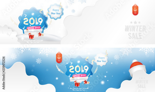 Winter Sale 25%. Happy new year 2019 Long greeting card template with gift box and snowdrifts on blue background with special offer. Creative banners with ribbons and light effects.