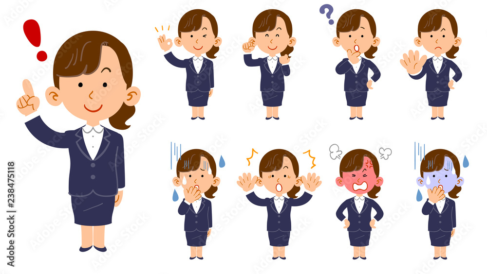 スーツを着た女性　９種類のポーズと表情のセット　新人　若手
