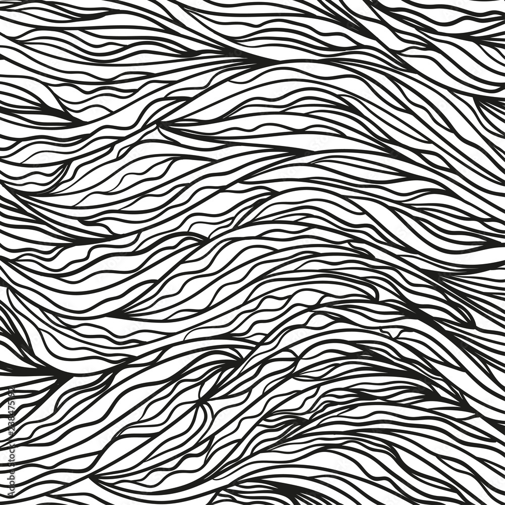 Wavy background. Hand drawn waves. Stripe abstract texture with many lines. Waved pattern. Black and white illustration for banners, flyers or posters