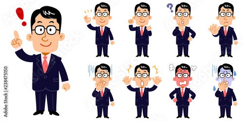 眼鏡をかけたビジネスマン　９種類のポーズと表情のセット
