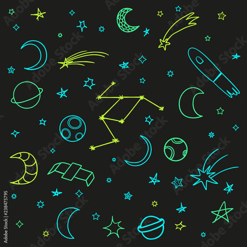 Cosmos elements on isolated background. Collection. Colorful doodles for design. Hand drawn simple space symbols. Line art. Set of different astronomical signs. Art creation