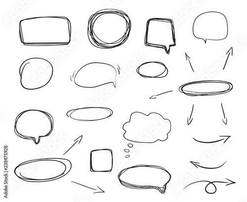 Set of hand drawn think and talk speech bubbles. Abstract symbols on white. Pattern of loot for words. Line art. Collection of different signs. Black and white illustration