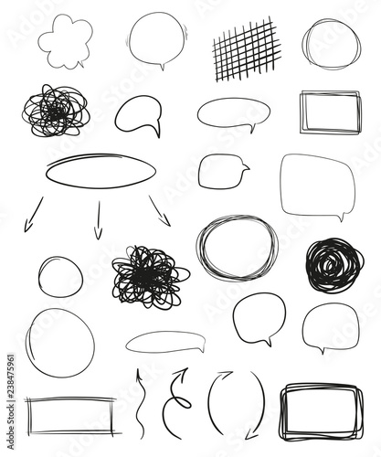 Set of hand drawn think and talk speech bubbles. Abstract symbols on white. Pattern of loot for words. Line art. Collection of different signs. Black and white illustration