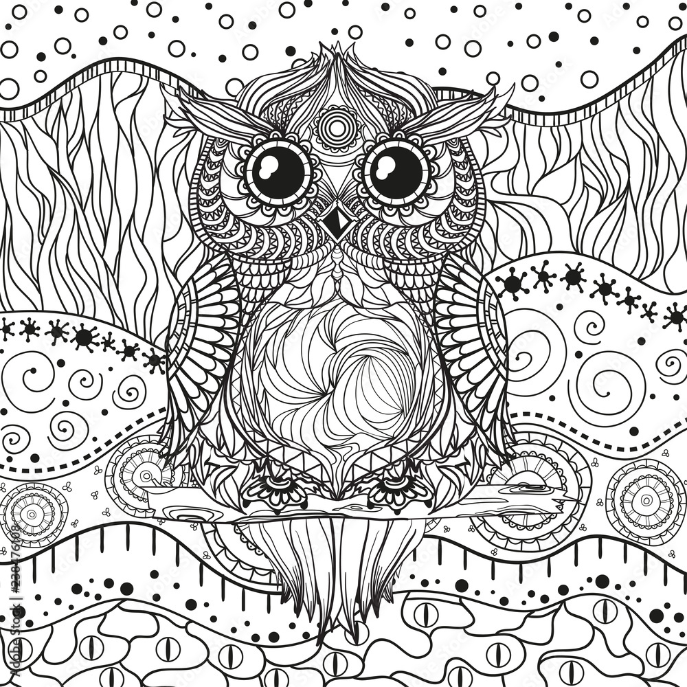 Fototapeta premium Abstract eastern pattern with owl on isolated white. Zentangle. Hand drawn abstract patterns on isolation background. Design for spiritual relaxation for adults. Black and white illustration