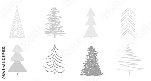 Christmas trees on white. Set for icons on isolated background. Geometric art. Objects for polygraphy, posters, t-shirts and textiles. Black and white illustration
