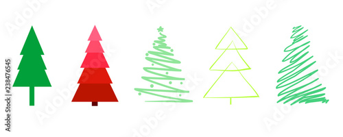 Colorful christmas trees on white. Set for design on isolated background. Geometric art. Objects for polygraphy, posters, t-shirts and textiles. Colored illustration