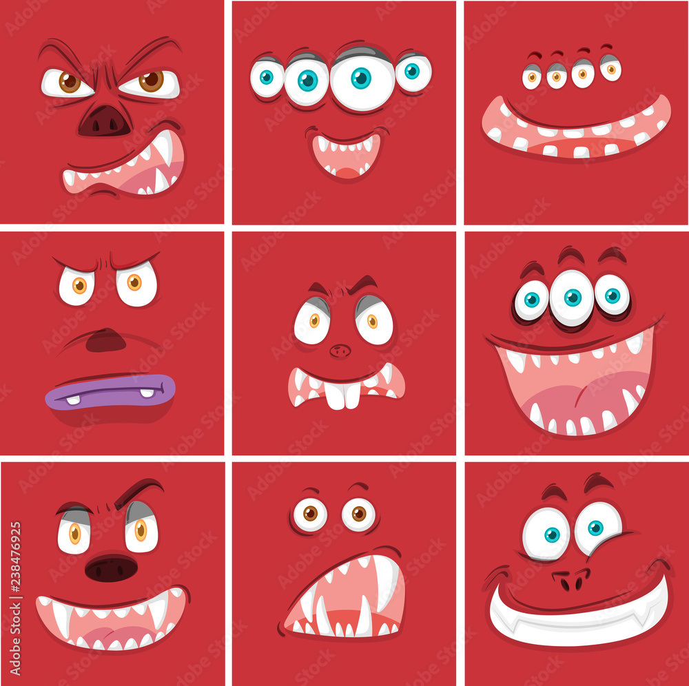 Set of red monster face Set of red monster face