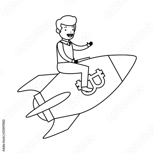 businessman flying in rocket with bitcoin symbol
