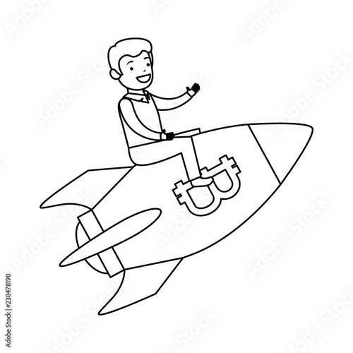 businessman flying in rocket with bitcoin symbol