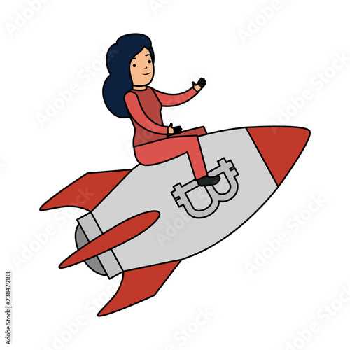 businesswoman flying in rocket with bitcoin symbol