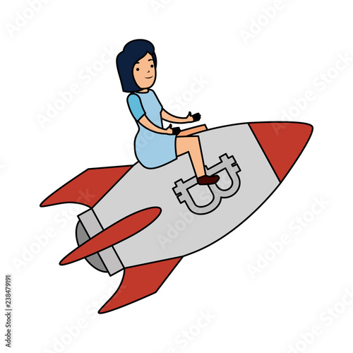 businesswoman flying in rocket with bitcoin symbol